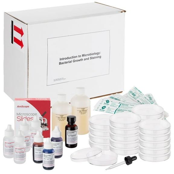 AmScope SK-104 Microbiology Bacterial Growth and Staining Kit, 20 Petri Dishes, 10 stains, 72 Slides,