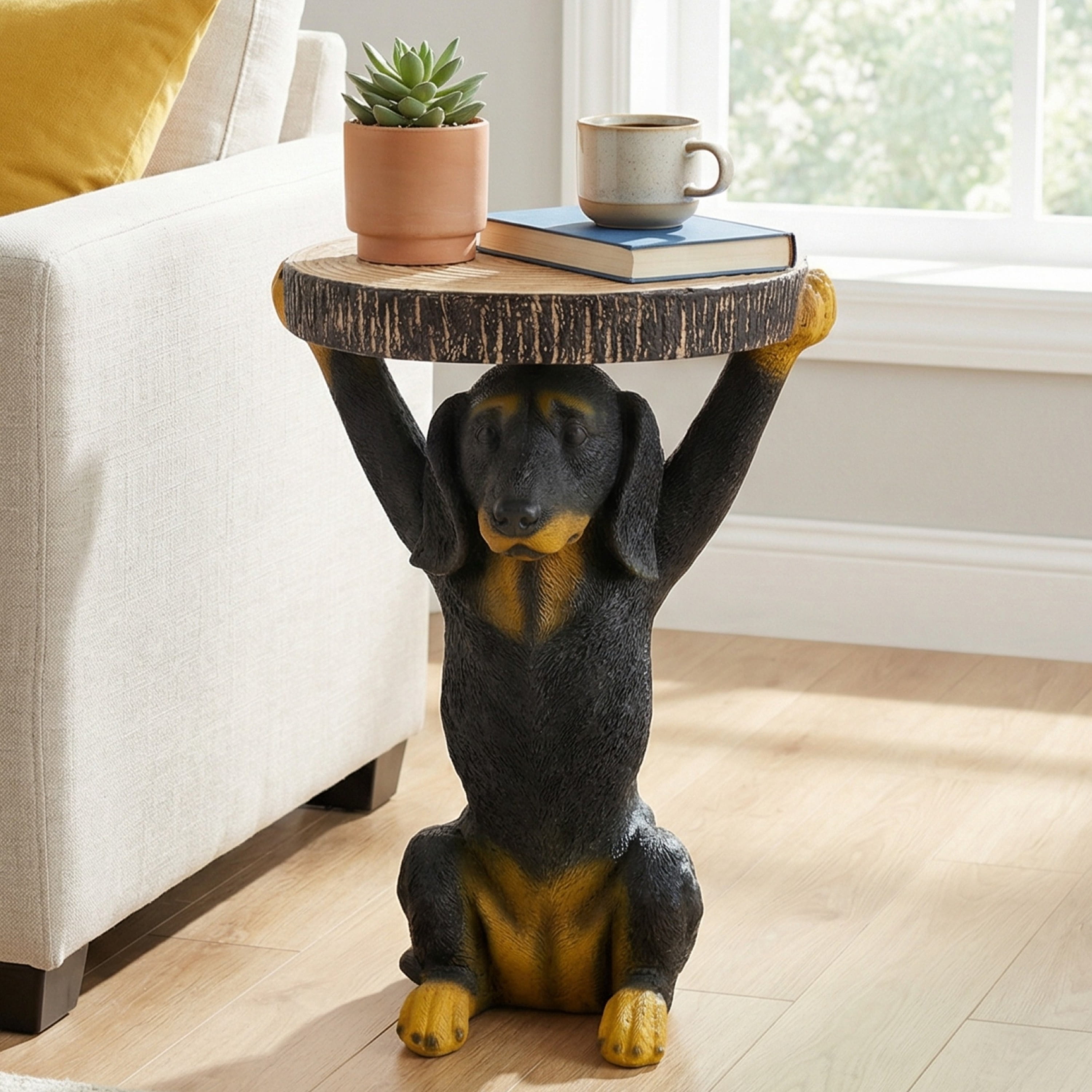 Pedestal Side Table, 22.17 Inch Hand-Painted Dog Shape End Table for Patio Garden, Black and Brown