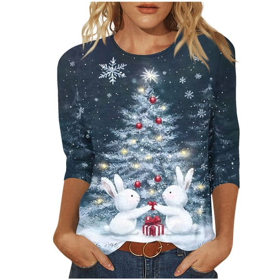 Aloohaidyvio Christmas 3/4 Sleeve Shirts for Women Funny Holiday Graphic Tee Fall Winter Loose Fit Tops