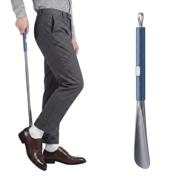 DualFerv Retractable Shoe Horn with Long Handle, Ink Blue Sturdy Heel Lift, Portable Boot & Heel Stretcher for Daily Home Travel Use