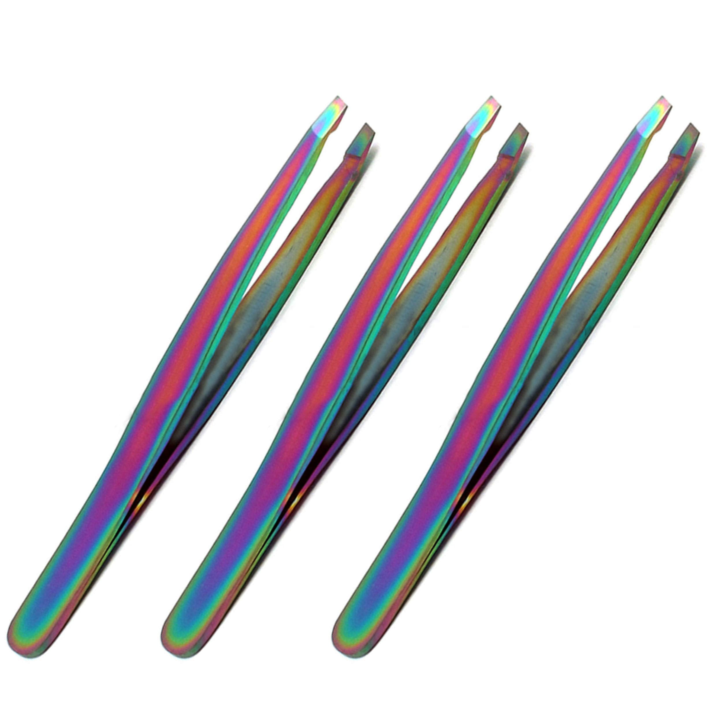 OdontoMed2011 Pack of 3 Rainbow Stainless Steel 'Slant' Tweezers Eyebrow Tweezers - Slant Tip For Expert Eyebrow Shaping And Facial Hair Removal Multi Color Titanium Coated