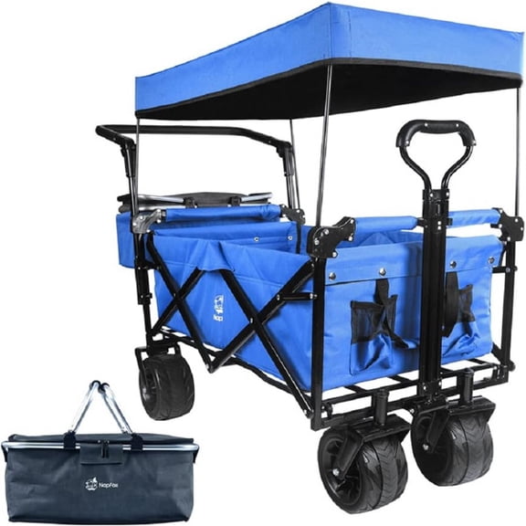 Folding Wagon Cart with Removable Canopy, 4" Wide Large All Terrain Wheels, Brake, Adjustable Handles,Cooler Bag Utility Carts for Outdoor Garden Wagons Carts Beach Cart