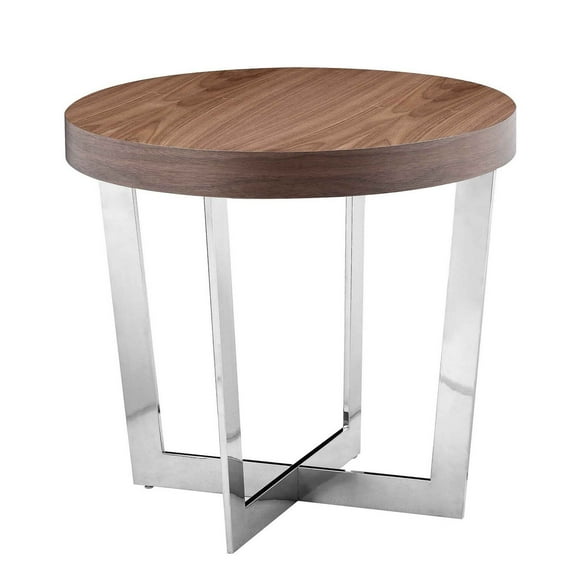 Benjara Tini 24" Side End Table- Round Shaped Top- Metal Frame- Walnut Brown