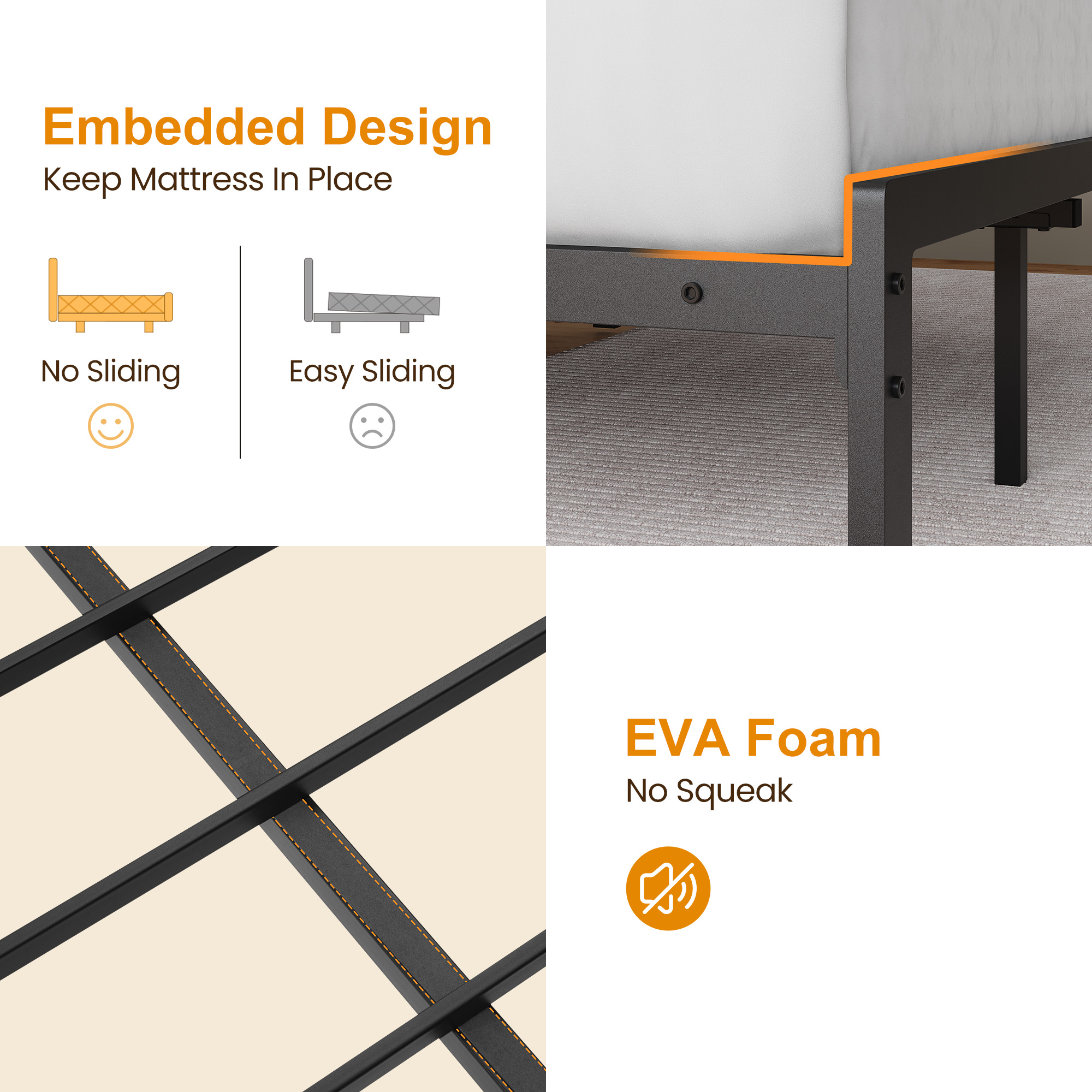 Heynemo Queen Bed Frame with Upholstered Headboard, Metal Platform Bed with USB Charging Station, Easy Assembly, No Box Spring Needed