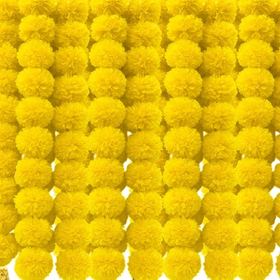 Artificial Genda/Marigold Flowers Long Strands for Indian Decoration, Wedding, Party, Birthday, Diwali, House Warming Ceremony Yellow Pack of 5