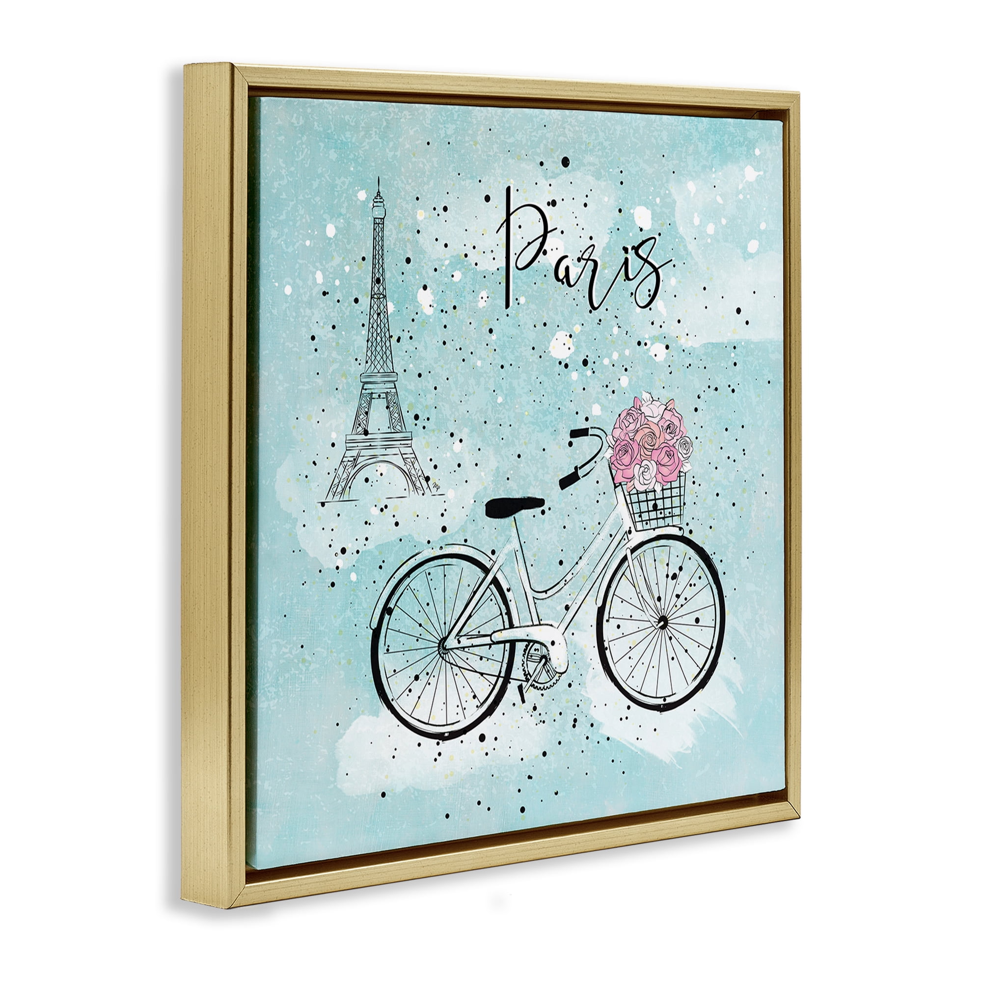 Stupell Industries Paris Floral Bicycle Town & City Painting Gold Floater Framed Art Print Wall Art, 18 x 18