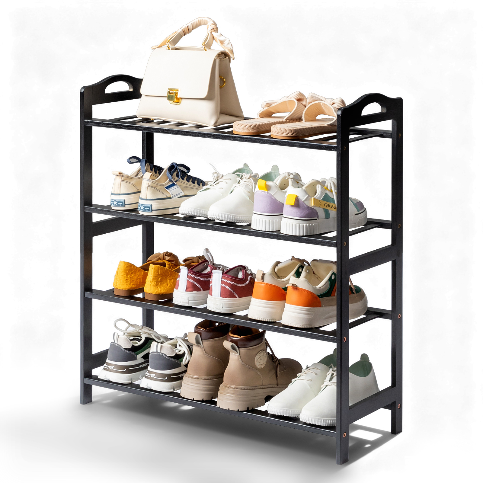 Zimtown Natural Bamboo 4 Tiers Shoe Rack Shoe Storage Organizer 12-Batten Free Standing Shoe Tower Shoe Shelf Shoe Cabinet for Entryway Hallway Living Room Closet, Black