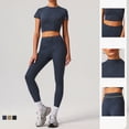 thumbnail image 4 of PISONIC Ensembles d'Entraînement pour Femmes 2 Pcs Haut Sans Coutures à Manches Longues à Col Ras du Cou Chemises Leggings Froncés aux Fesses Tenues de Gym Yoga, 4 of 9