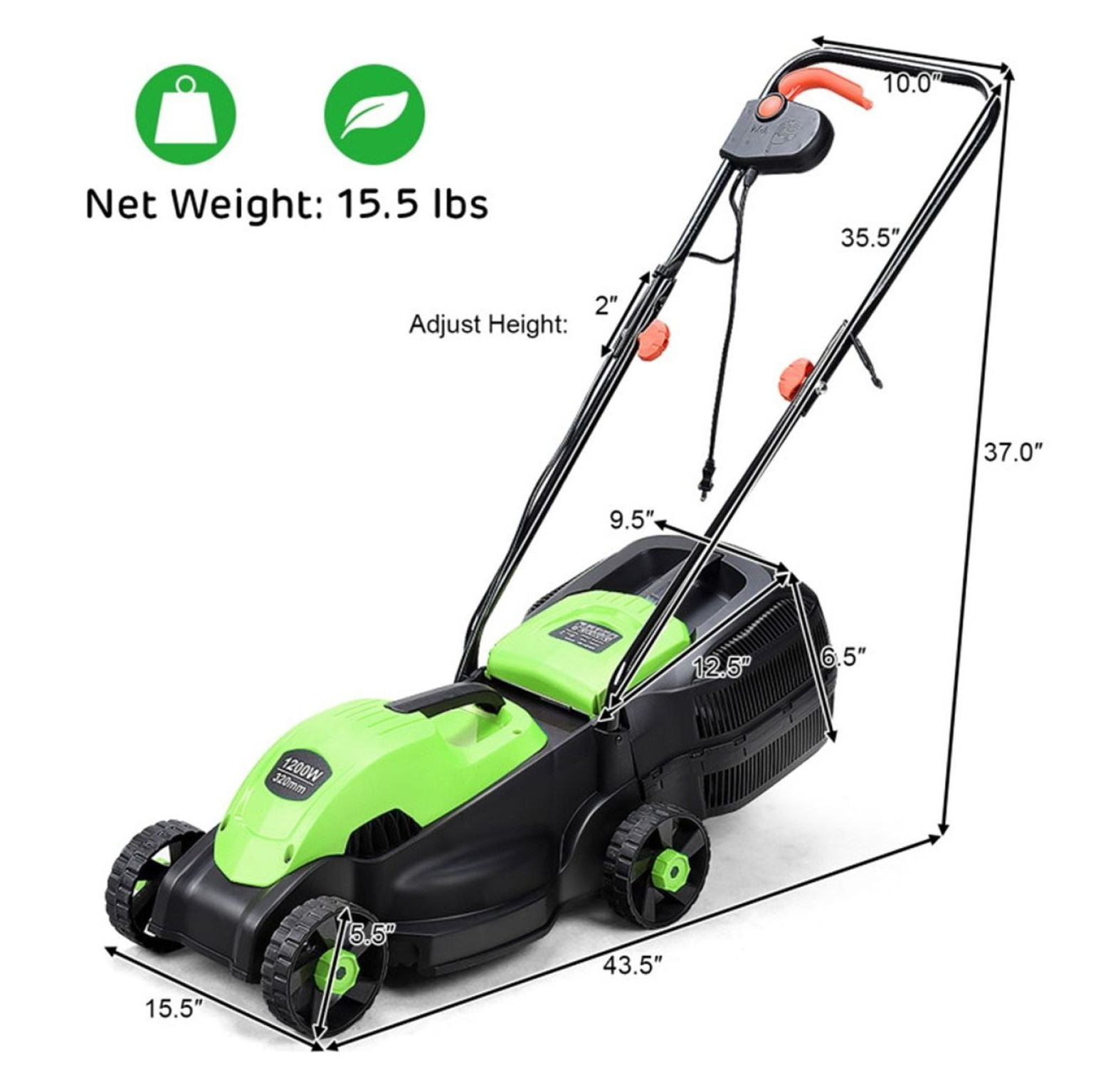 13-Inch Electric Lawn Mower, 8 Gal Grass Collection, 3 Height Settings, Lightweight 15.5LBS Push Mower for Garden, Green