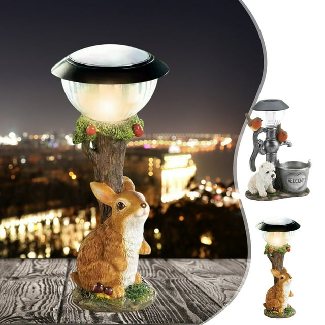 Fiudx Lámpara Solar para Jardín, Diseño de Conejito y Cachorro, Iluminación Led de Bajo Consumo, Decoración para Exteriores, Resina Resistente a La Intemperie, Tamaño 13,5 X 8,5 Cm, Opción Ecológica.