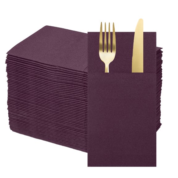 100 Pcs Disposable Linen Feel Napkins with Built-in Flatware Pockets, Paper Dinner Napkins for Knife and Forks Purple