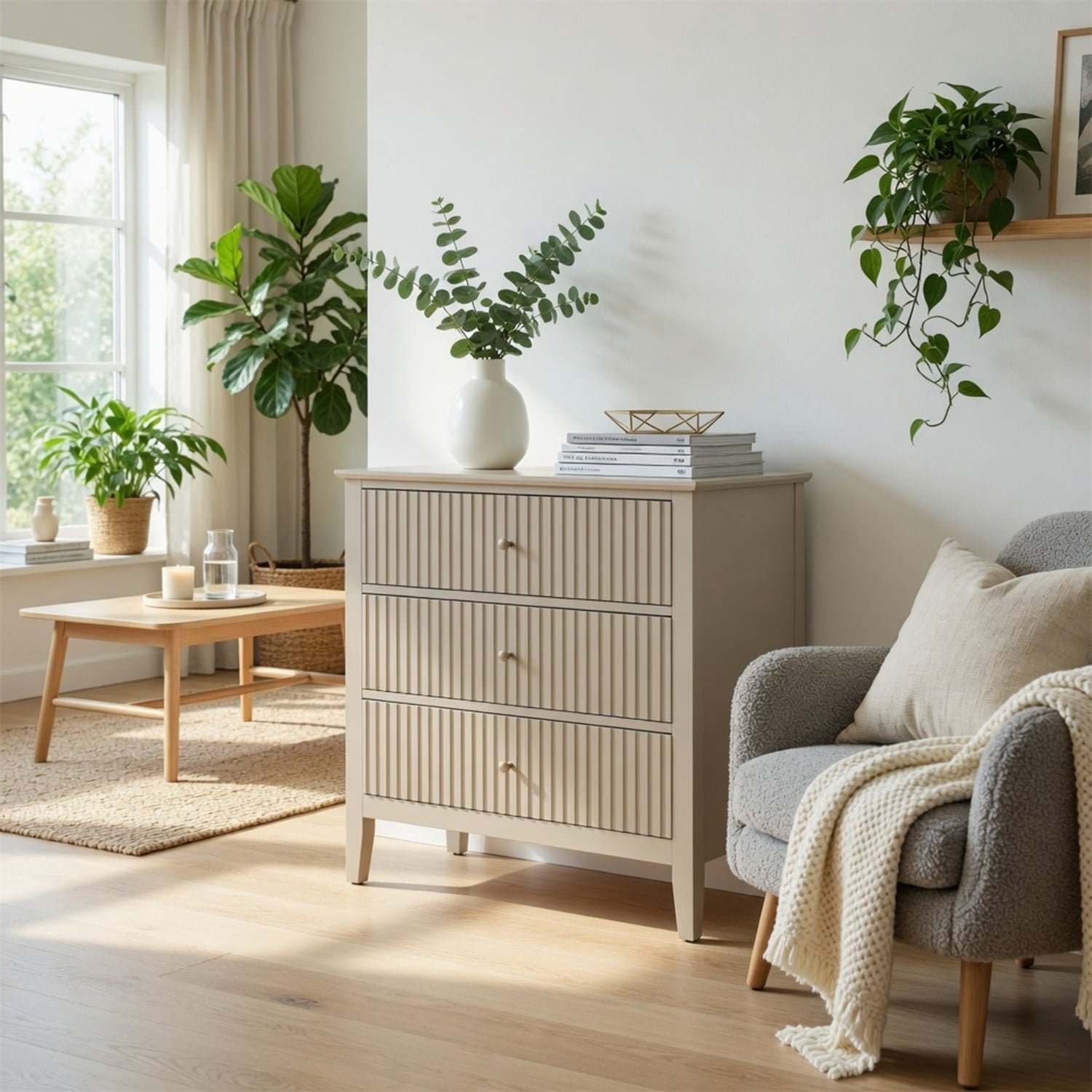 Hommoo 32"W Wooden Fluted 3-Drawer Nightstand, Large Modern Bedroom End Table, Beige