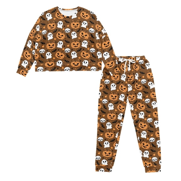 HELLHERO Thanksgiving Pajama Set Fall Pjs Set Skull Ghost Printed Sleepwear Round Neck Loungewear Pumpkin Printed Nightwear with Pockets, L
