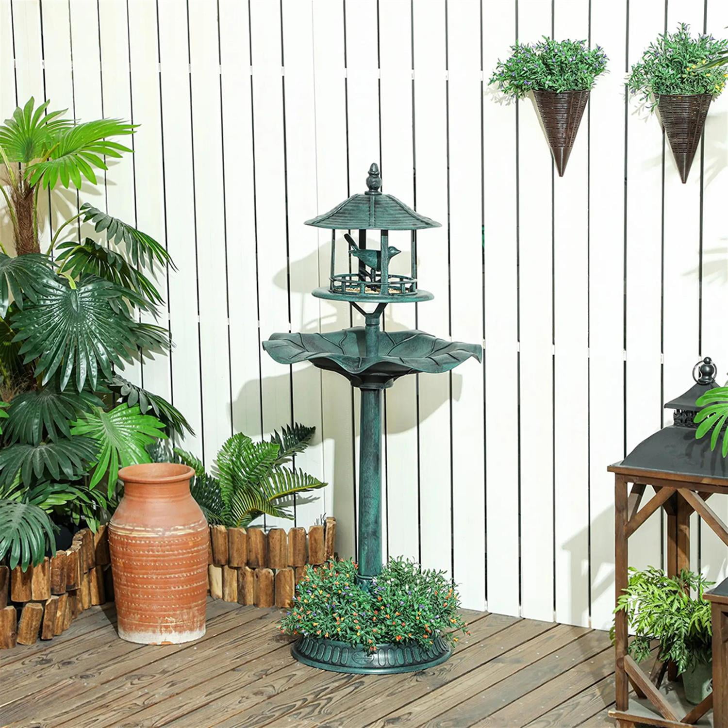 resenkos 3-in-1 Outdoor Flower Birdbath with Bird Feeder, Charming Garden Accent to Attract Birds, Durable Resin Construction for Patio, Deck, or Yard, Green