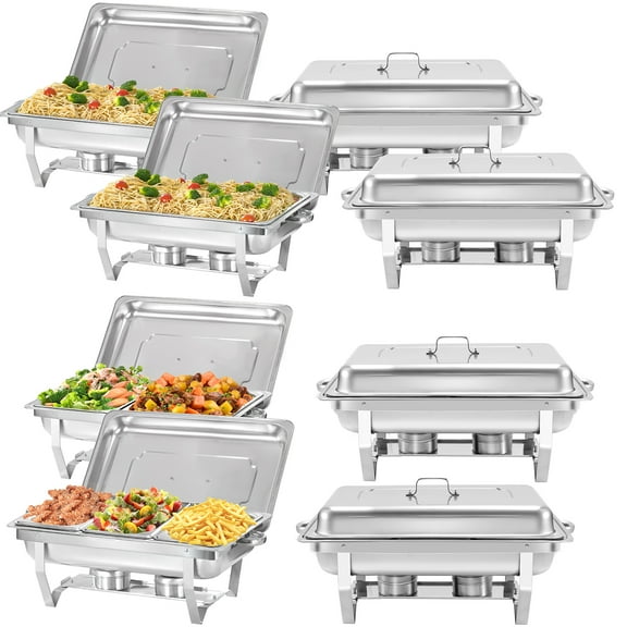 PRIJESSE 10 Pack Chafing Dish Rectangular 8QT Full Pan×4 Half Pan×4 1/3 Pan×2 Chafers Stainless Steel Catering Buffet Warmer Set for Parties,Events,Wedding,Dinner