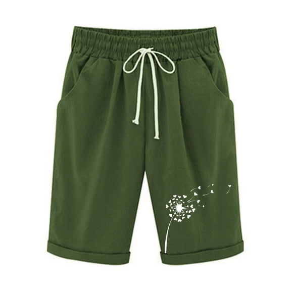 LbsKUS Women's Elastic Waist Knee Length Casual Bermuda Shorts Cargo Hiking Summer Dandelion Print Short with Pocket,Army Green,M