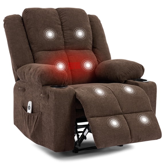 Heat & Massage Manual Recliner Chair for Adults – 155° Adjustable Single Sofa with Footrest & Pull Lever – Overstuffed Breathable Fabric – Brown/Gray