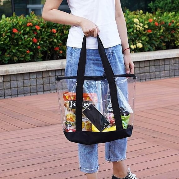 1pc Clear Bag, Beach Bag, Pvc Tote Bag - Zipper Closure & Long Shoulder Strap & Fabric Trimming, Large Capacity Hand Bill Shoulder Bag for Travel and Commuting