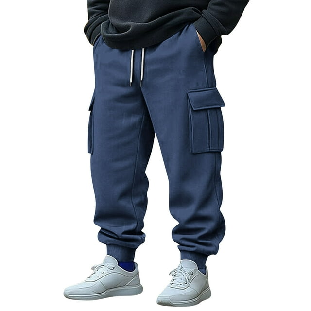 Moxiu Pantalon Cargo d'Hiver pour Homme à Multiples Poches, Extensible, à Cordon, Décontracté, de Randonnée, Joggers, Bleu Foncé, L