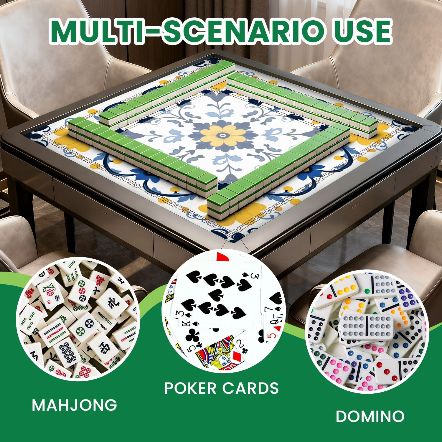 Mahjong Mat 31.5" x 31.5" Floral Symmetrical Yellow Blue Flowers White Non-Slip Noise Reduction American Mahjong Tiles Table Cover for Dominoes Poker Card Board Games Gift