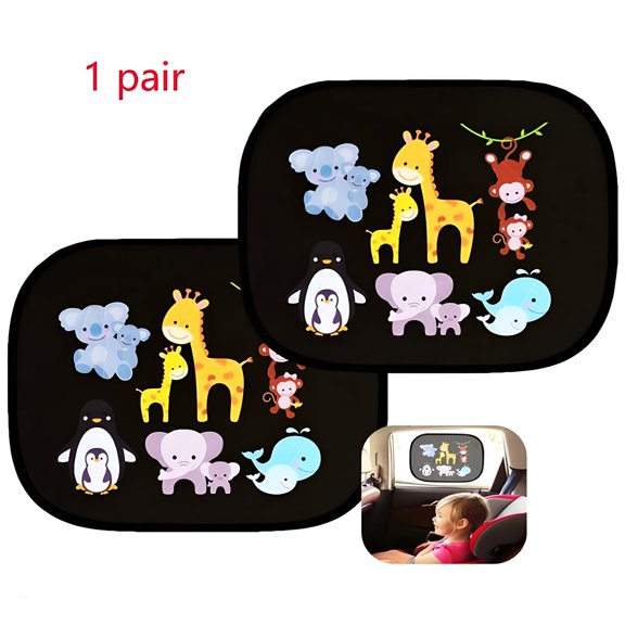 LADYGYM 2Pcs Car Window Sunshade for Baby Kids, 17x14 Inch Foldable UV Blocking Sun Visor with Animal Print, Residue-Free Static Cling Side Window Shield for Car Seat Glare Reduction