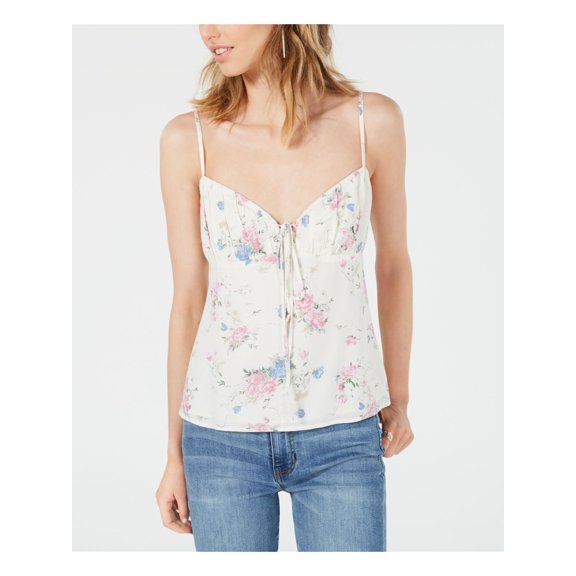 LEYDEN Womens White Floral Spaghetti Strap V Neck Tank Top S