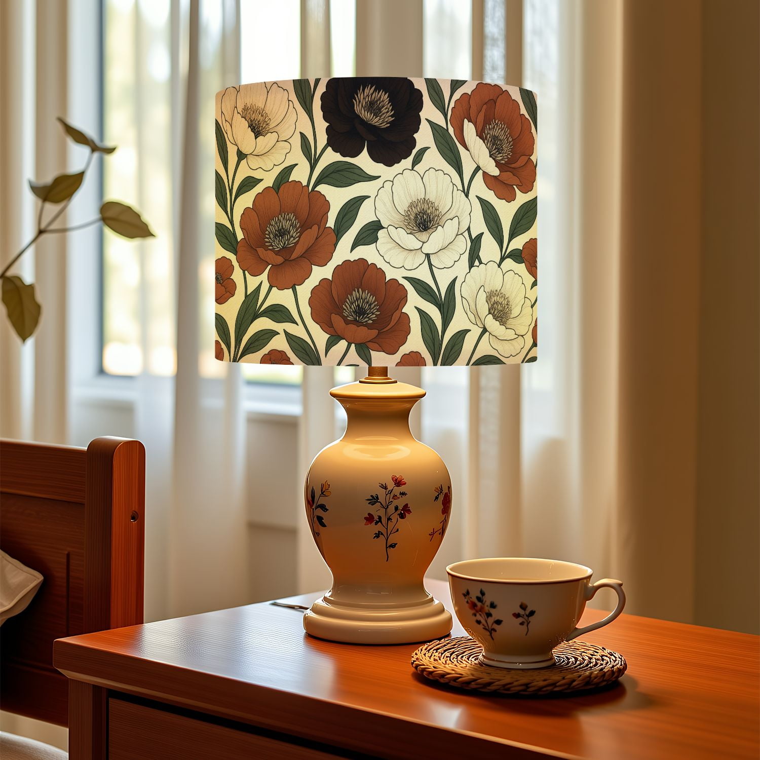 Linen Drum Lampshades Boho Brown Green Orange Peony Floral Vintage Peony Flowers 13"x13"x10" Light Shade for Table Lamps Floor Lamps Drum Lamp Shades Lampshade Replacement Assembly Required