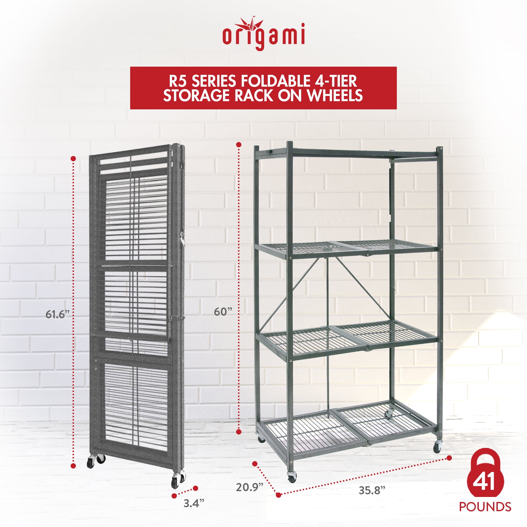 Origami 4-Shelf R5 Series Storage Rack with Wheels, Gray