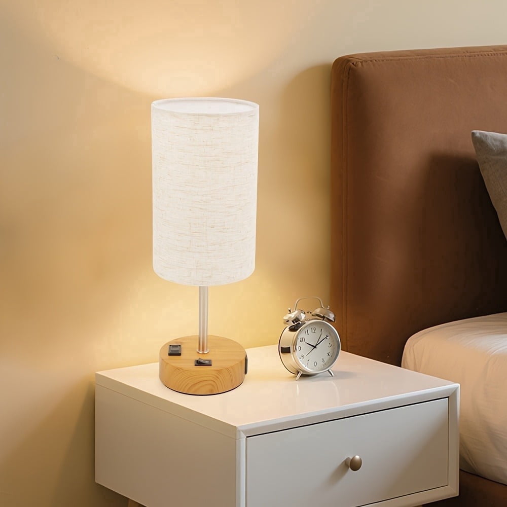 Dimmable Table Lamps with USB Charging Ports & AC Outlet, 3-Way Switch Control Bedside Nightstand Lamps, Wood/Metal Base, Modern Desk Lamps for Bedroom, Living Room, Office, Bulbs Included (1/2 Pack)