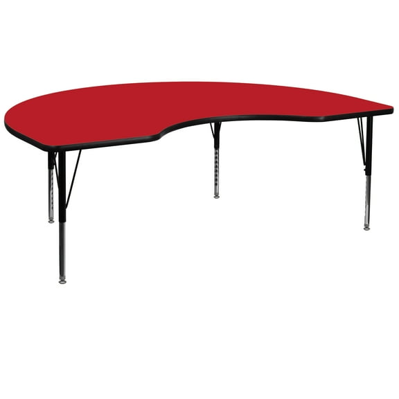 Flash Furniture 48''W x 96''L Kidney Shaped Activity Table with 1.25'' Thick High Pressure Red Laminate Top and Height Adjustable Preschool Legs