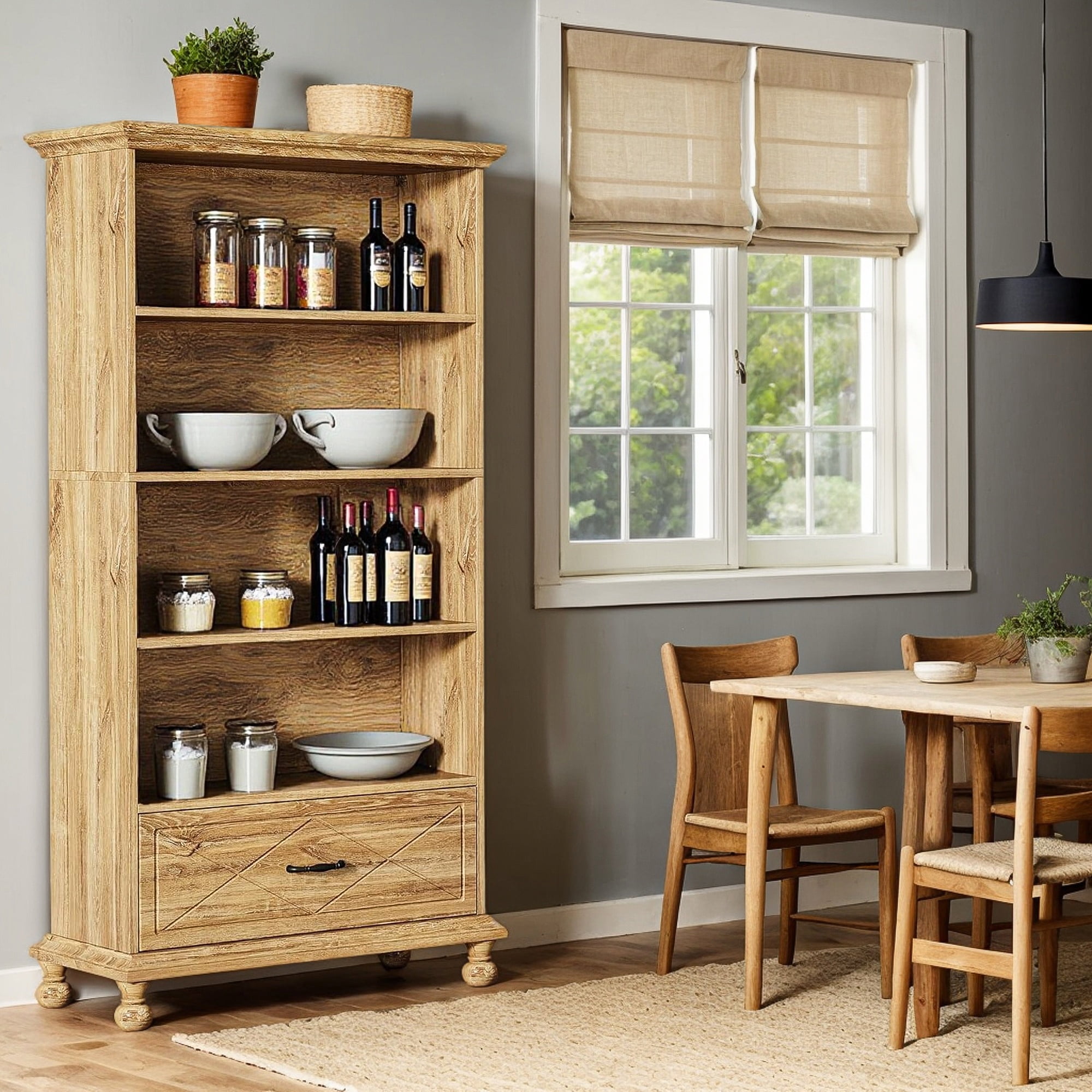 Demi Bonn 6-Shelf Bookcase with Drawer, 71" Bookshelf with Solid Wood Legs for Bedroom, Living Room, Brown