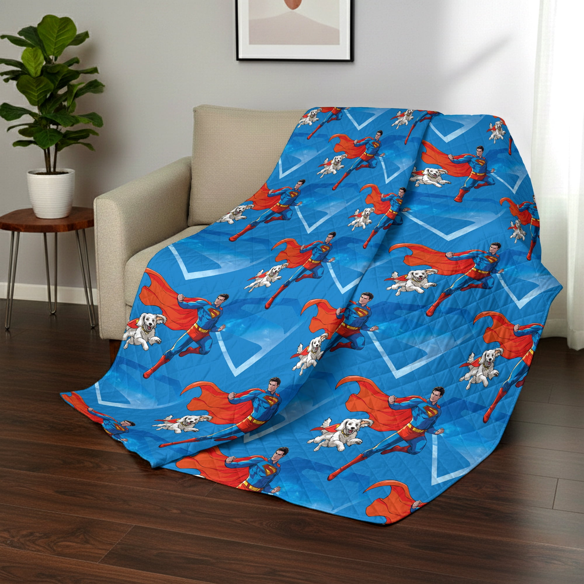 Superman Above Metropolis Quilted Throw Blanket 60x80 inches, Kids Character Bedding