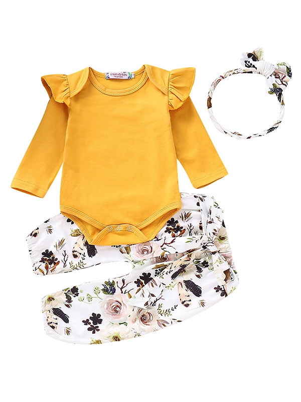 3pcs Toddler Baby Girls Outfit Newborn Floral Graphic Tops Pants with Headband Summer Toddler Ruffle Short Sleeve Sets 