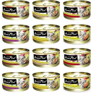 Fussie Cat Premium Grain-Free Canned Wet Food Variety Bundle - 2.8 Oz. - Tuna with Chicken, Tuna with Shrimp, Tuna with Oceanfish, Tuna with Salmon, Tuna with Mussels, and Tuna with Prawns 12 Pack