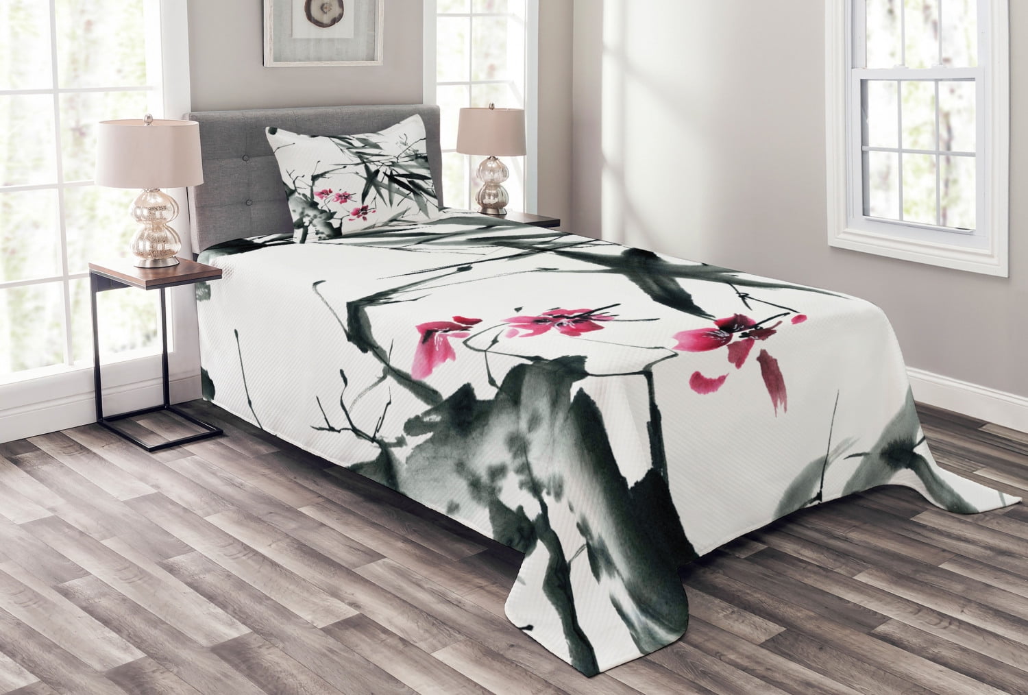 Japanese Bedspread Set Twin Size, Natural Sacred Bamboo Stems Cherry Blossom Japanese Inspired