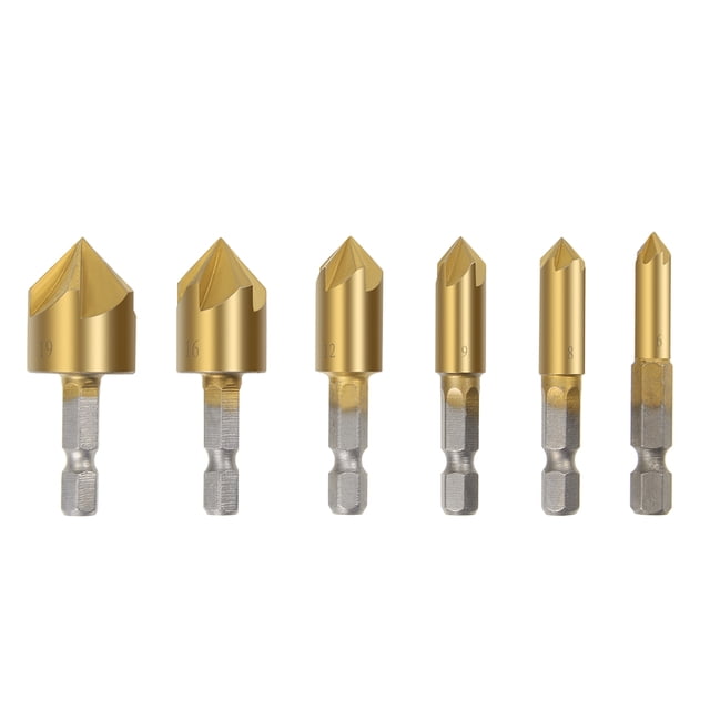 Juego de brocas de bisel Uxcell 6 8 9 12 16 19 mm Diámetro 1/4鈥 Vástago hexagonal 90 grados Herramienta de bisel de 5 flautas 6 piezas