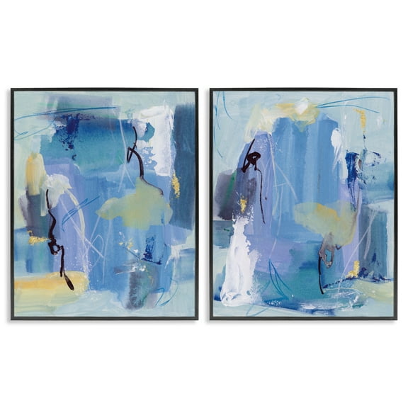 Stupell Industries Blue Abstract with Yellow Abstract Painting Black Framed Art Print Wall Art, 11 x 14, Set of 2
