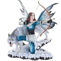 Large Winter Fairy Warrior with White Wolf Bow and Arrow Statue 18 Inch Collectible
