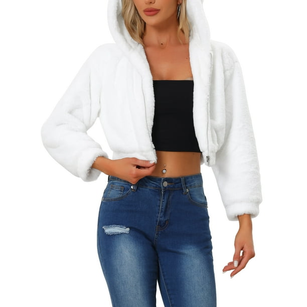 Abrigo de piel sintética casual para mujer INSPIRE CHIC con capucha, con cremallera, corto y de felpa suave, color blanco
