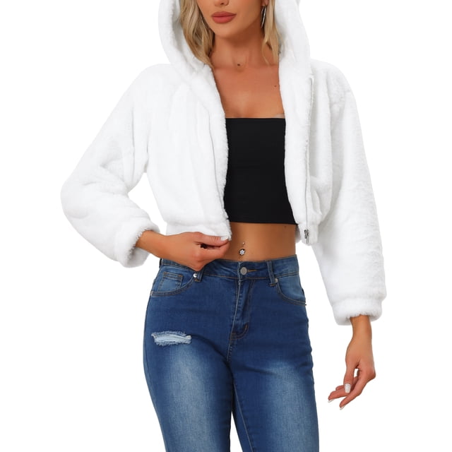 Abrigo de piel sintética casual para mujer INSPIRE CHIC con cremallera, capucha y corte corto, chaqueta de forro polar suave M blanca