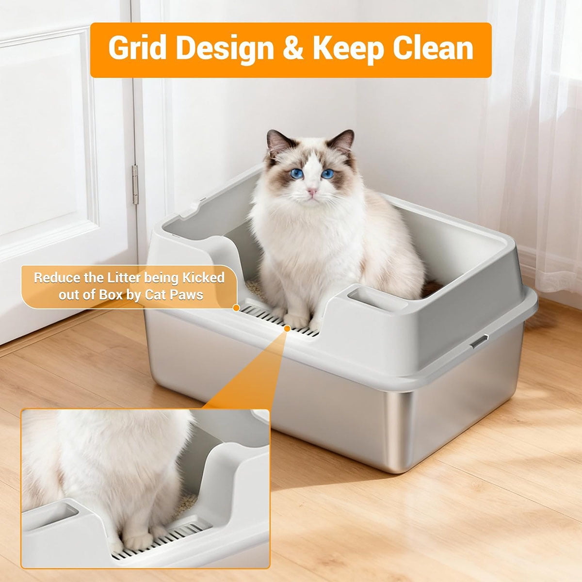 Ataucjin Extra Large Enclosed Stainless Steel Cat Litter Box, Metal Litter Pan for Big Cats, High Wall Sides & Non-Stick Bottom, Anti-Leakage & Odor-Resistant, Easy to Clean for All Cats