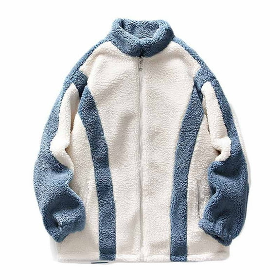 Herrnalise New Casual Fashion Men's Thickened Warm Lamb Velvet Cotton Jacket Stand Collar Color Matching Sweater Coat Blue