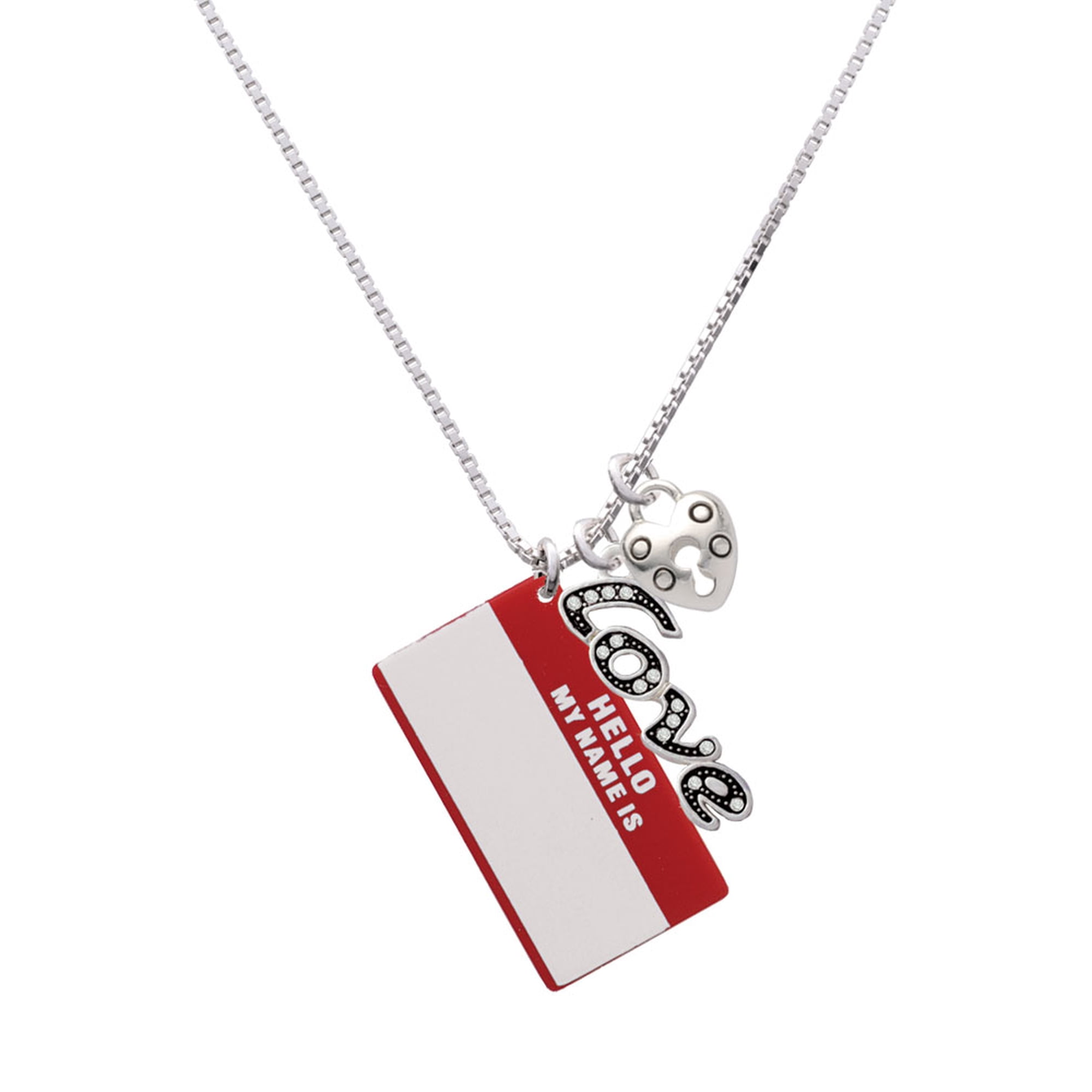 Delight Jewelry Acrylic Red "Hello" Name Tag - Love and Lock Charm Necklace, 18"+1"