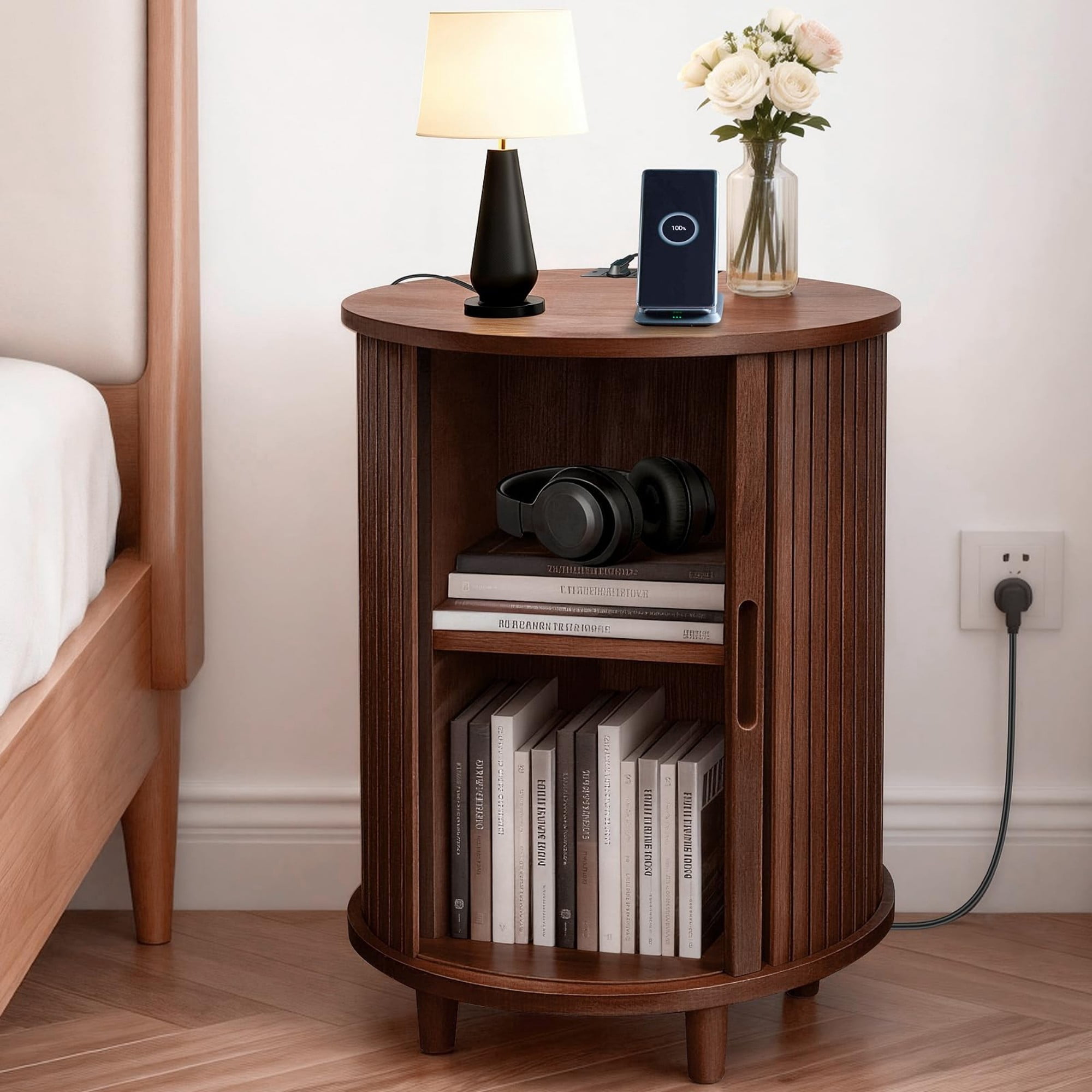 Round End Table Set of 2 with Charging Station, Fluted Nightstand with Sliding Door & Adjustable Shelf, Mid Century Side Table, Walnut