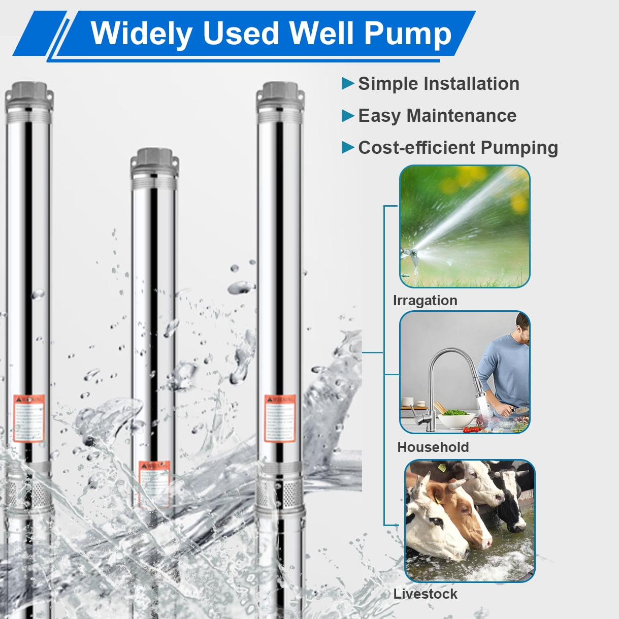 iMeshbean 3" Deep Submersible Well Pump 3/4 HP Submersible Well Pump 110V 13GPM Water Pump 247ft Head with 100ft Electric Cable Stainless Steel Water Well Pumps Submersible