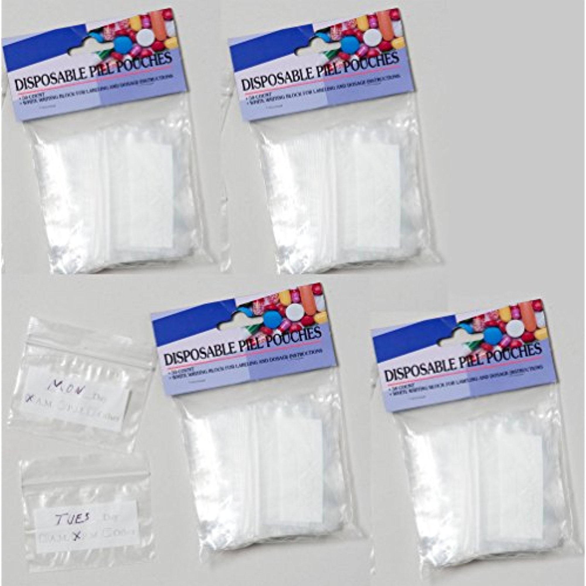 Set of 200 Disposable Plastic Pill Bags 3" x 2" With White Writing