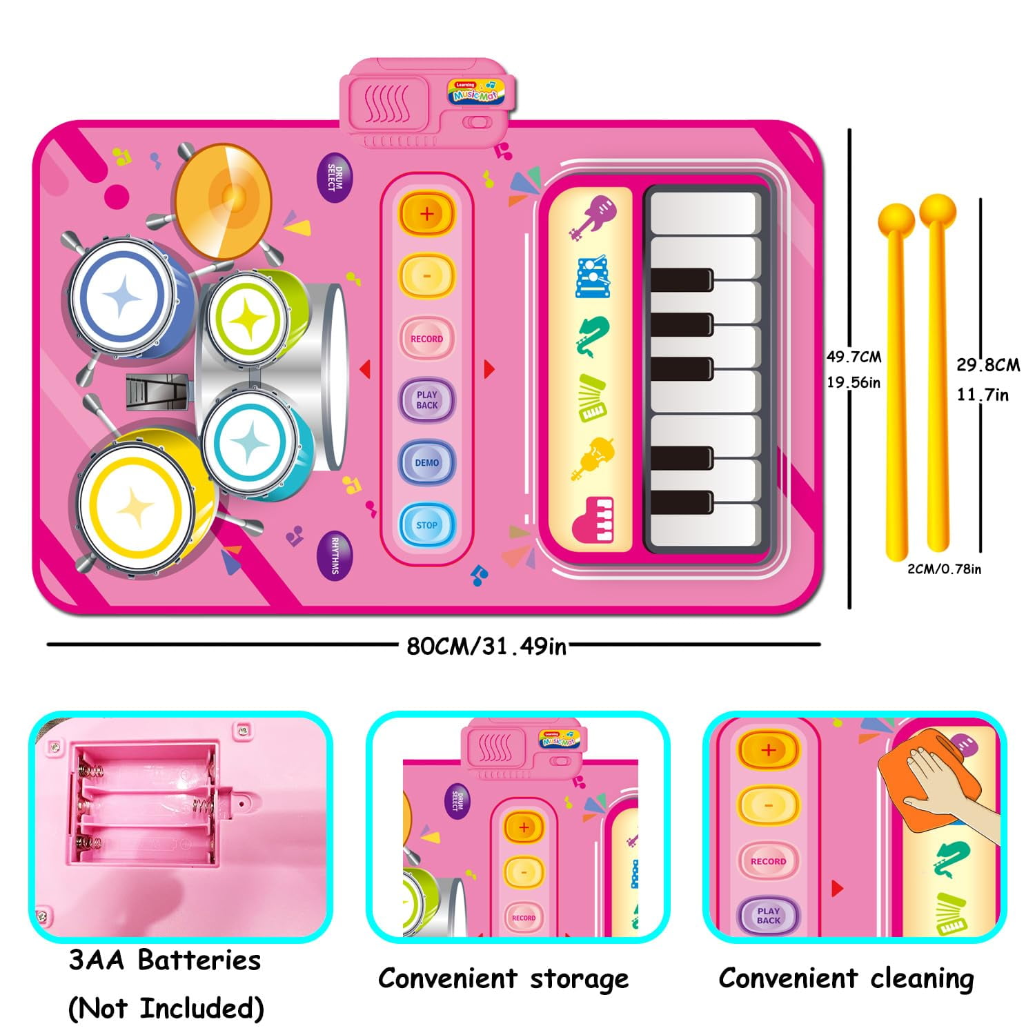 2 in 1 Musical Mat Toys Piano Keyboard & Drum Set with 2 Drum Sticks Baby Music Toy 12-18 Months Christmas Birthday Gifts