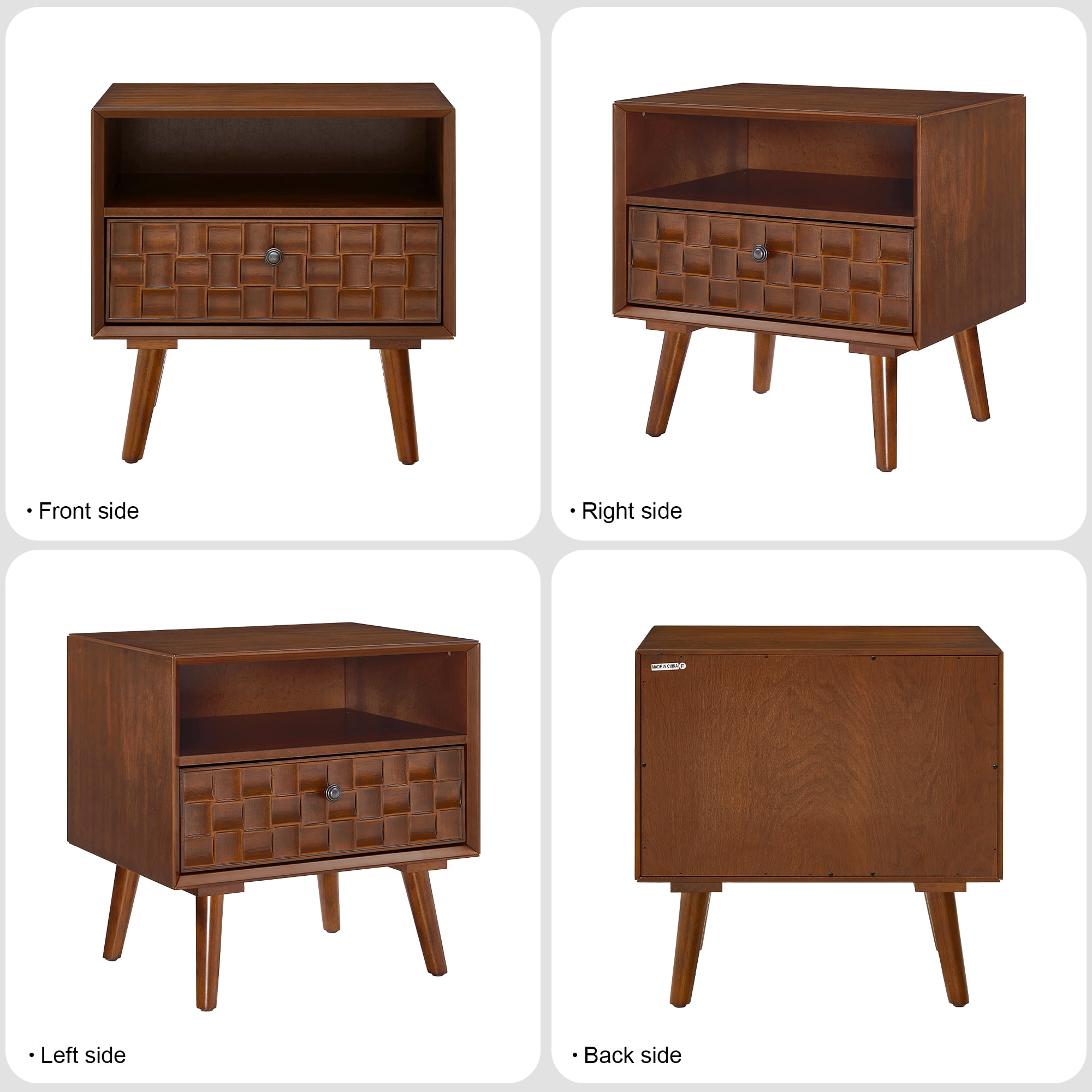 22" Wood Nightstand with Carved Geometric Drawer Front, 1 Drawer and Open Shelf, Solid Wood Legs, Bedside Table for Bedroom