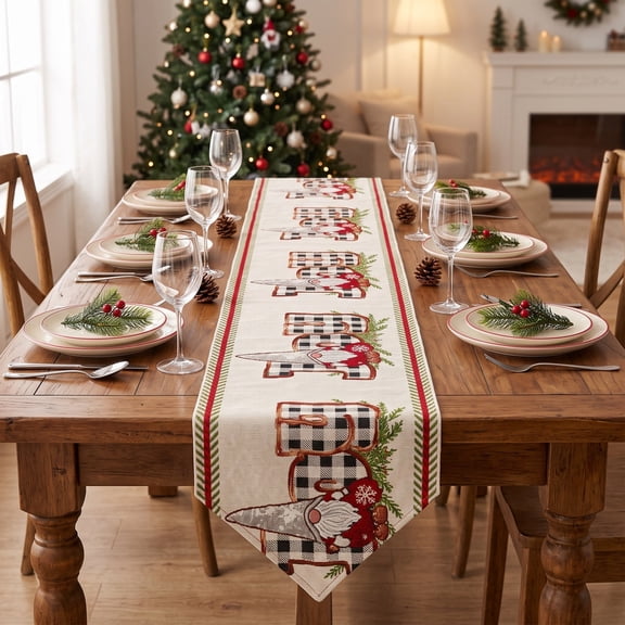 Christmas Gnome Embroidered Black White Plaid Table Runner,Tassel‑Decorated Woven Fabric Table Linen,Fade‑Proof Reusable Holiday Centerpiece for Dining‑Table Mantel Sideboard