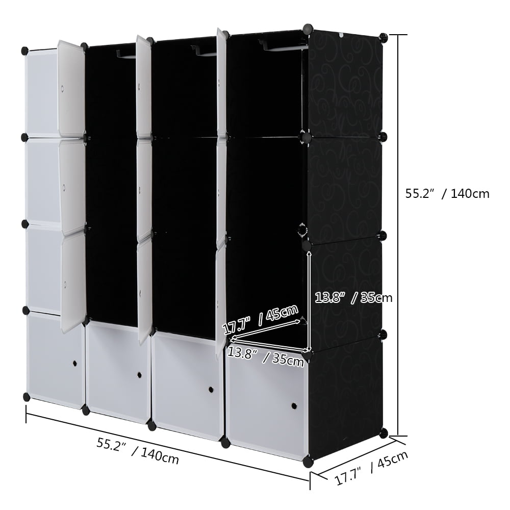 16 Cube Organizer Stackable Plastic Cube Storage Shelves Design Multifunctional Modular Closet Cabinet with Hanging Rod White Doors and Black Panels Includes 3 clothes rails